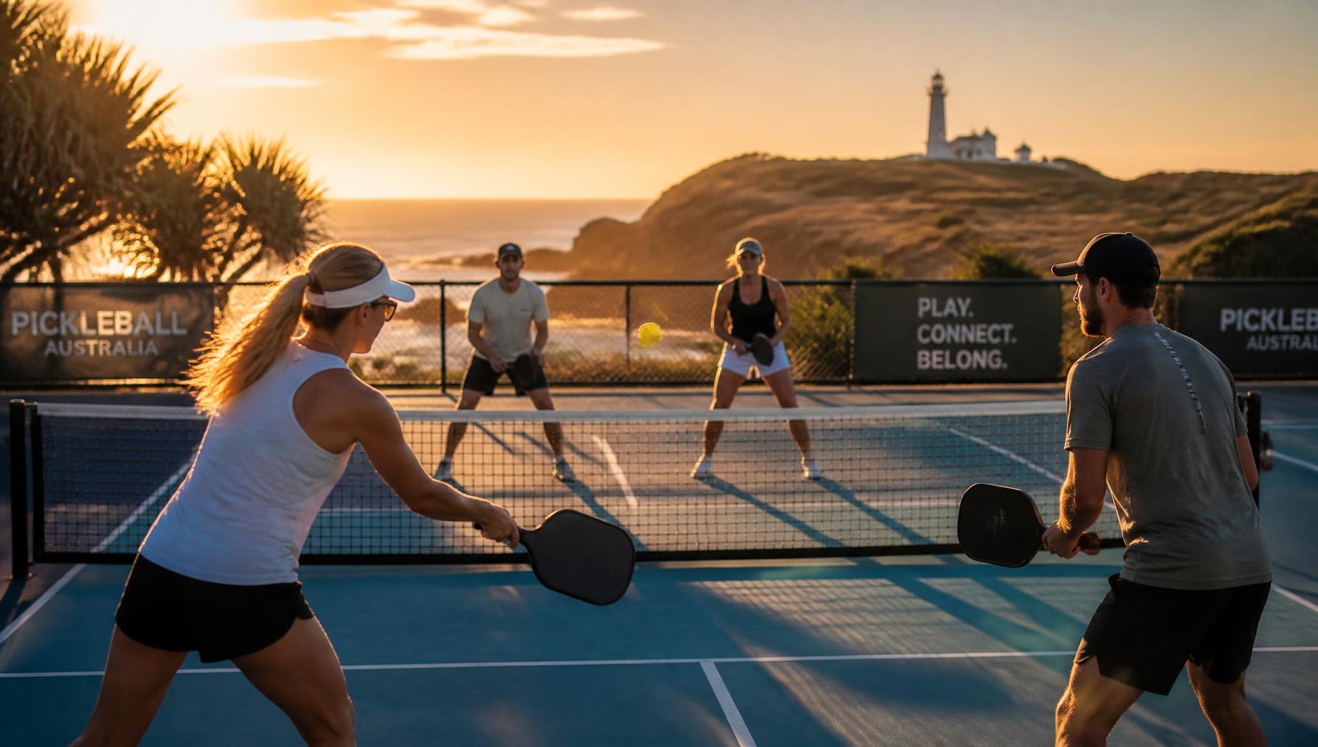 Players in a pickleball rally on a coastal court at sunset