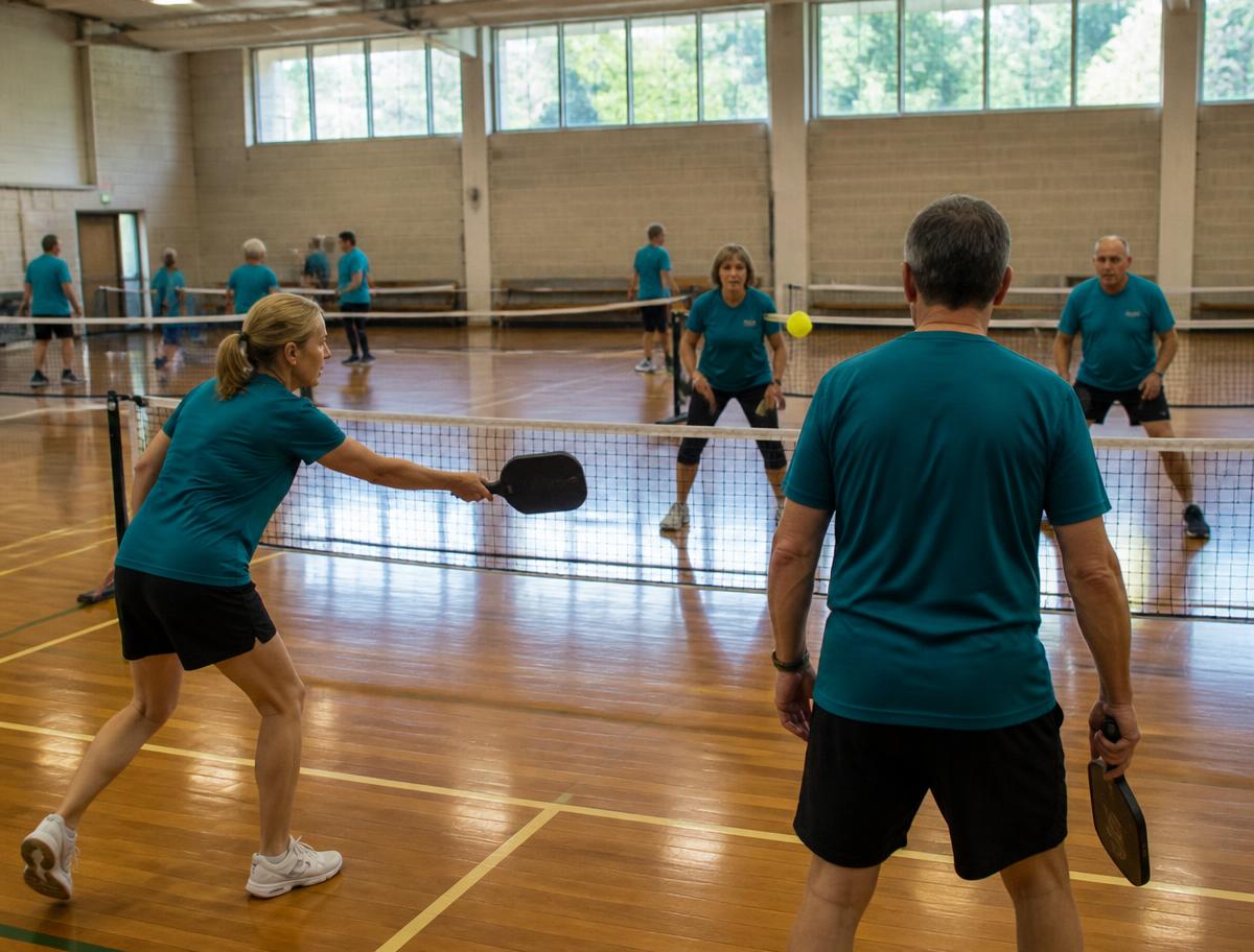 Indoor courts with pickleball nets set up at a community sports centre